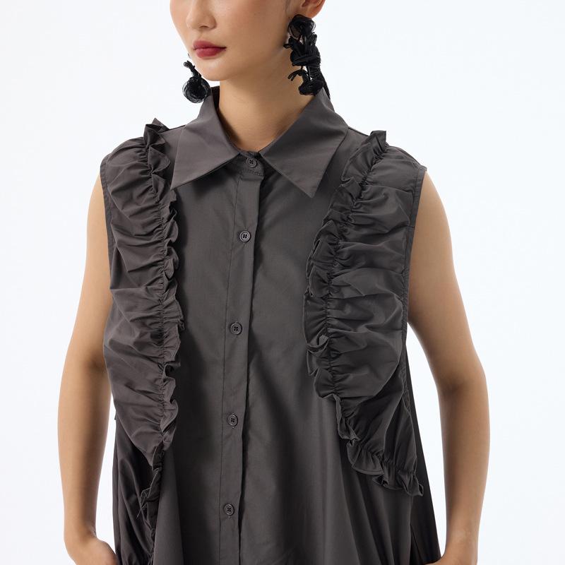 2026 Summer Japanese Retro Dark Pleated Sleeveless Dress – Slimming, Individual, Long