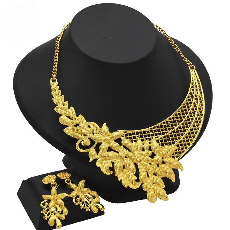 Dubai Bridal 24k Gold Plated Jewelry Set India Middle East Ladies Fashion Necklace Earrings Ring Bracelet Set 2026