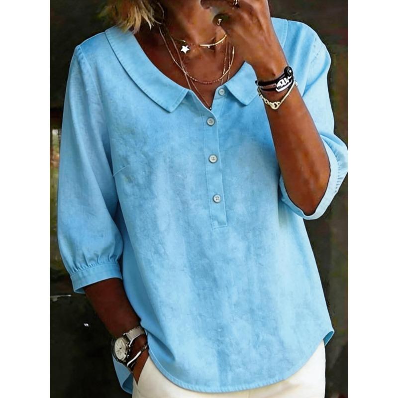 IHUASU Women's Fashion Casual Solid Color Print 3/4 Sleeves POLO Neck Blouses & Shirts