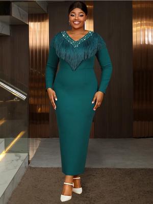 Green Elegant Tassel Beading Dress V Neck  Long Sleeve Patchwork Slim Fit Party Package Hip Women Evening Gown