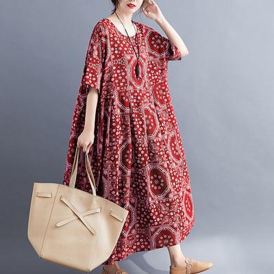 Summer Vintage Large Size Loose Cotton Linen Floral Printed Dress Women's O Neck Short Sleeve Maxi Long Dresses