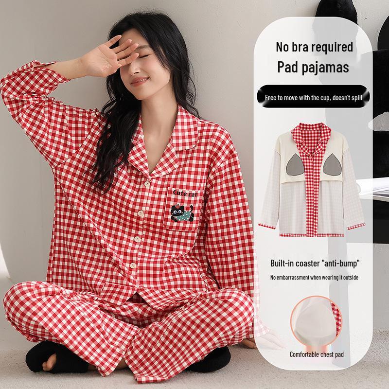 Women's Pure Cotton Pajama Set with Chest Pad, Long Sleeve Cardigan, and Lapel - Spring/Autumn 2025 Style.