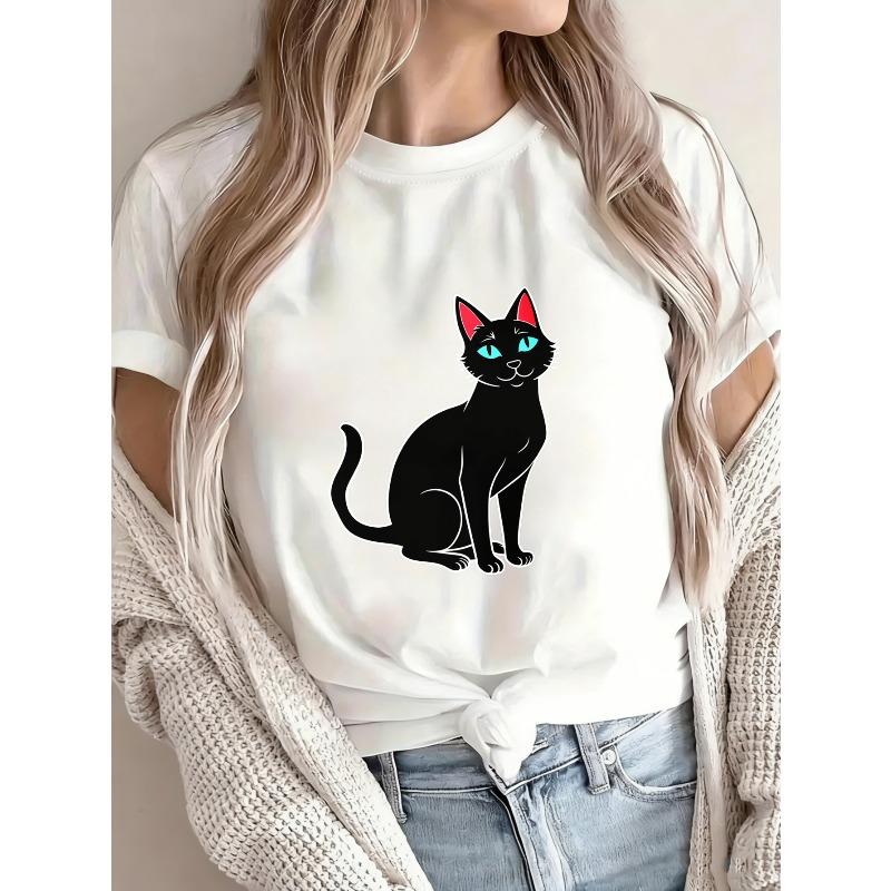 White T Shirt With Black Cat Print For Casual Wear