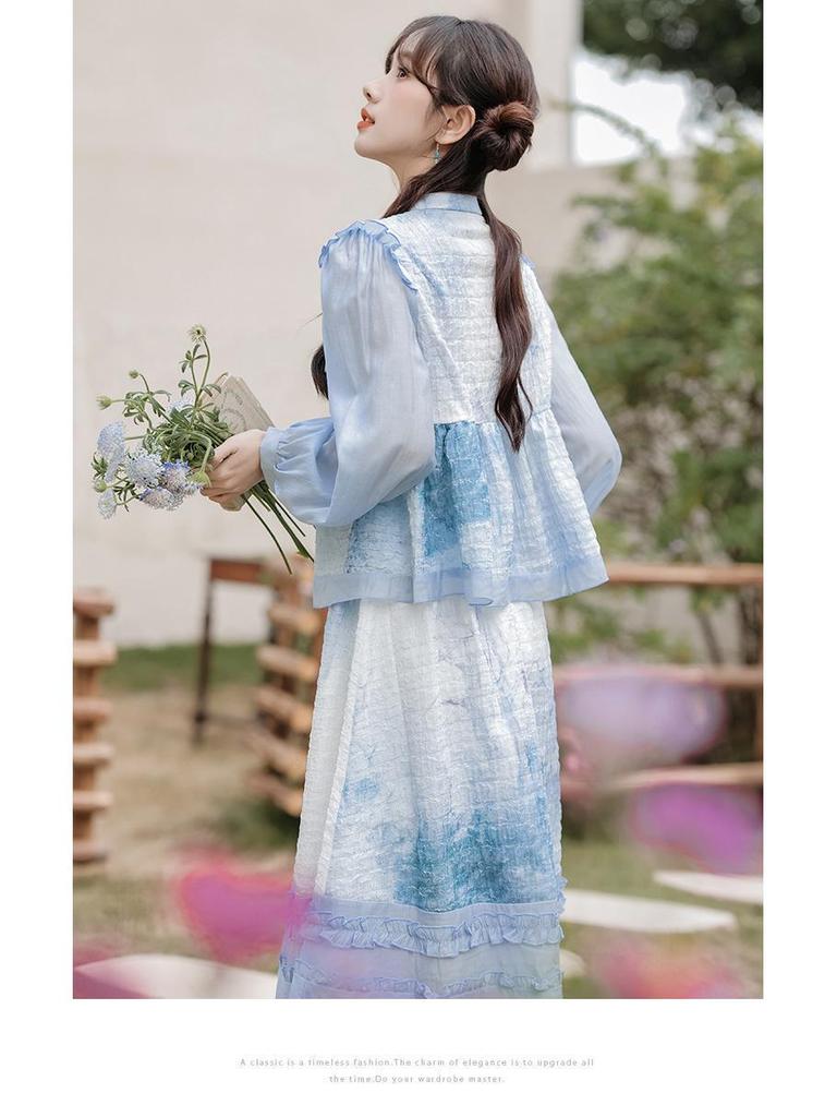 Spring & Autumn New Chinese Moon White/Blue Two-Piece Skirt Set for Women