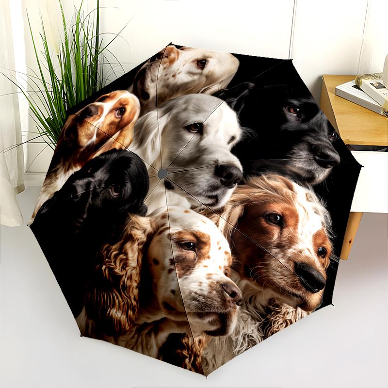 Black Puppy pattern, automatic folding umbrella, portable and foldable design, 8 ribs, a Christmas or birthday gift.