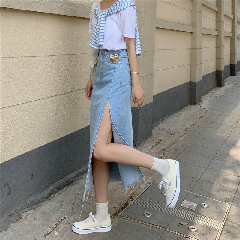 Elegant Woman High-waisted Side Split Female Summer Thin A Word Package Hip Mid-length Skirt Versatile Comfortable Fashion Denim Bustier Skirt