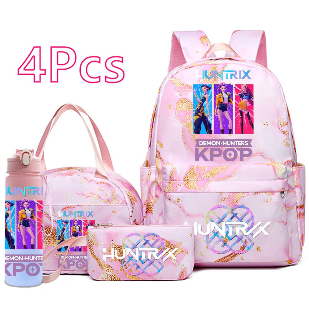 4Pcs/set Cartoon K-Pop Printed Backpack Handbag Pencil Case with 750Ml Water Bottler for Teenager Boy Girl Schoolbag Large Capacity Bookbag Mochila