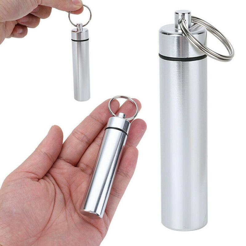 Mini Bærbar Vanntett Aluminium Sølv Pilleboks Etui Flaske Cache Medikamentholder Beholder Med Nøkkelring Nøkkelholder