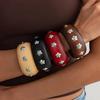 SHIXIN Vintage Inlaid Turquoise Stone Geometric Chunky Bangle Women Bohemian Wood Stackable Wide Bracelets Jewelry Accessories