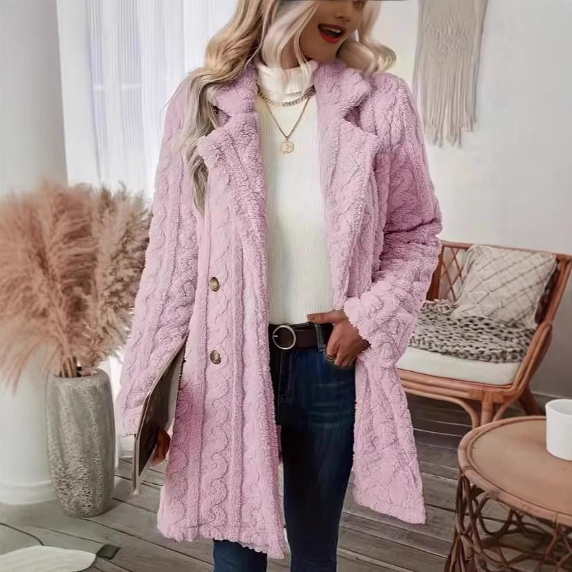 2024 Warm Wool Double-Breasted Plush Overcoat with Suit Collar - Comfortable European & American Style