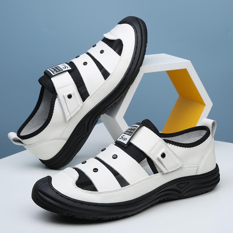 Men'S Leather Sandals Leather Men'S Shoes Summer Breathable Middle-Aged Hole Shoes Men'S Non-Slip Soft-Soled Casual Dad Shoes