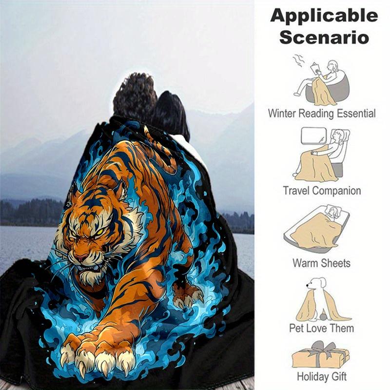 1pc Blue Flame Tiger Blanket Soft and Warm Home Decor Gift for All Seasons Perfect for Couch, Living Room, Travel, Camping, Car Blankets