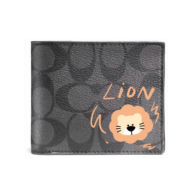 

COACH wallet [Customized bag] 3 IN 1 Hand-painted personalized graffiti Embossed printed short folding belt with detachable card holder black(lion) чорний