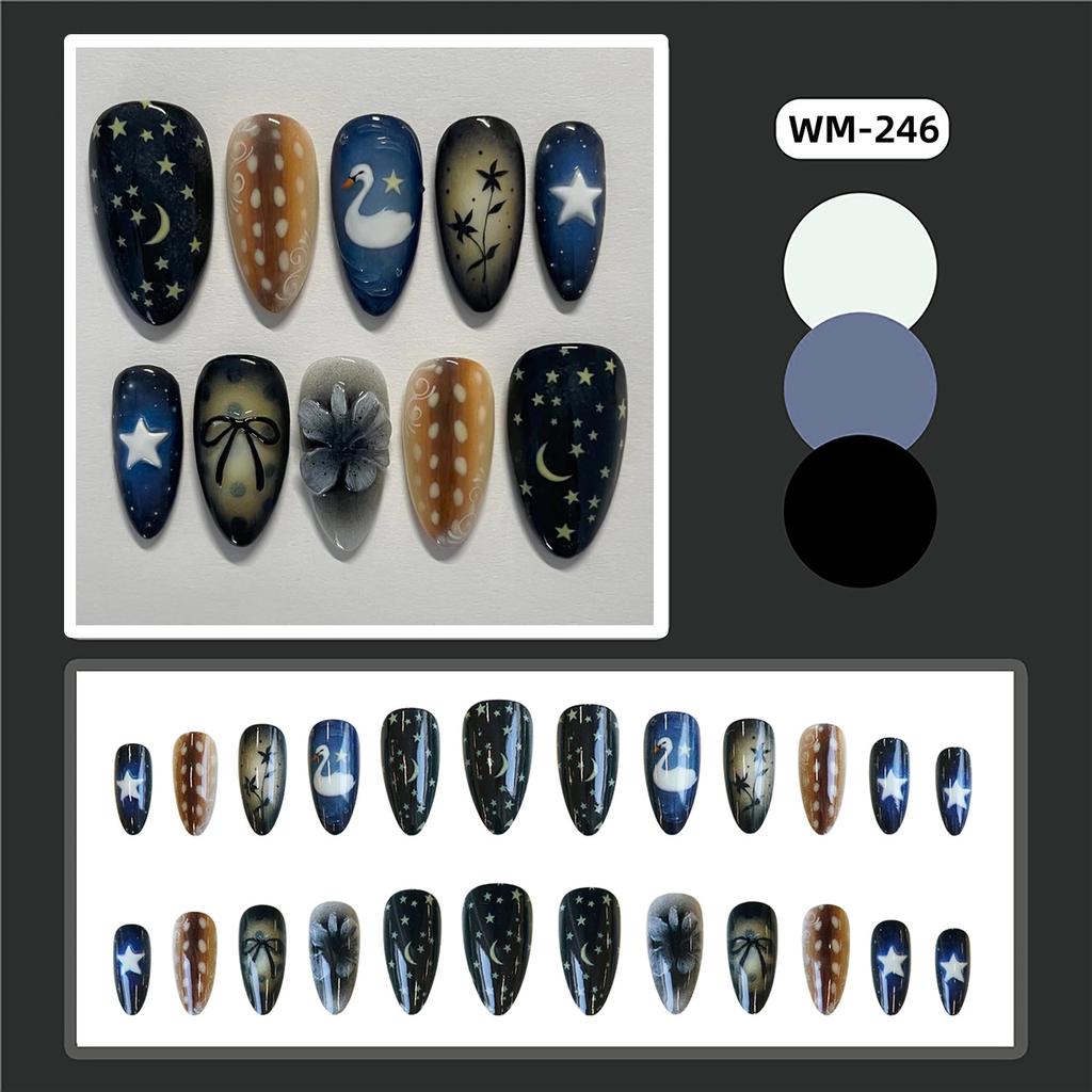24Pcs Y2K Almond Press On Nails Moon Star Swan Pattern Full Cover Detachable False Nails Sweet Cool Fake Nail Tips