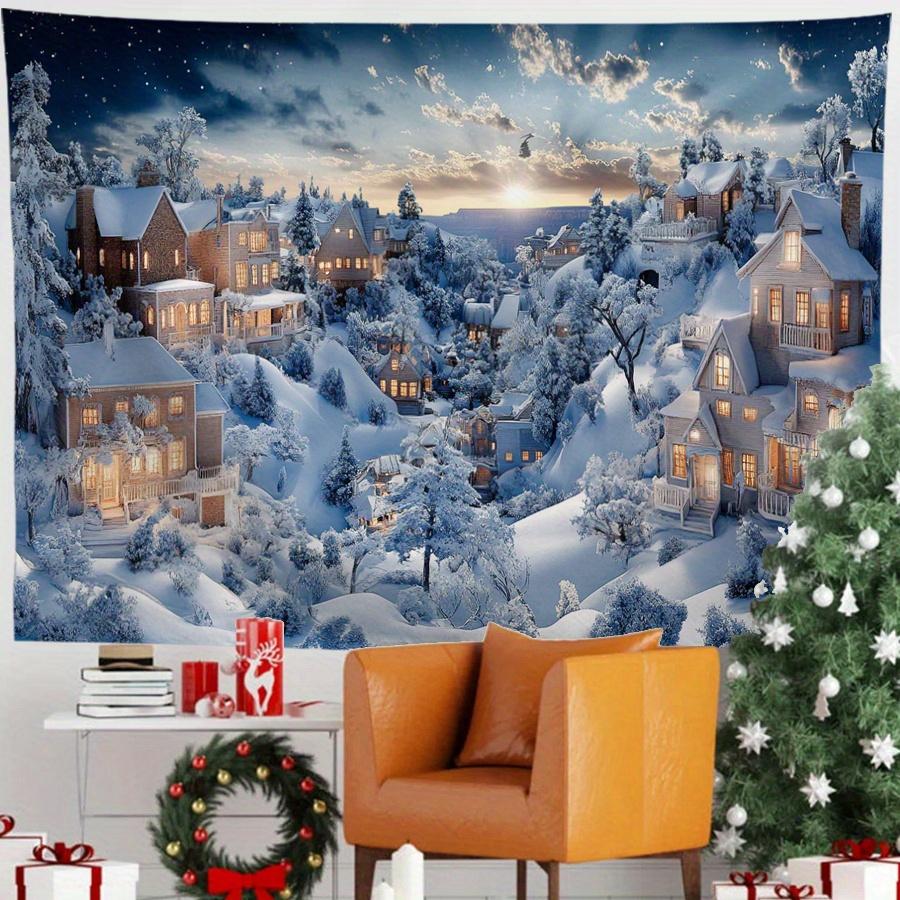 A Christmas Landscape Polyester Tapestry, a Festive Wall Decoration, Suitable for Home, Kitchen and Party Decoration