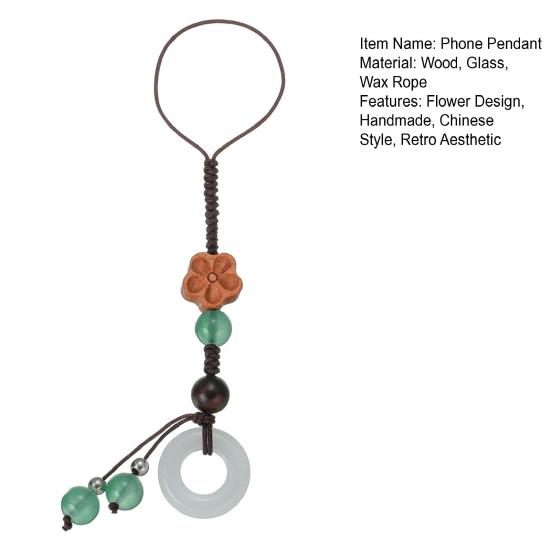 Flower Mobile Phone Charm Braided Cell Phone Strap with Wooden Flower Charm And Faux Jade Ring Chinese Style Phone Lanyard