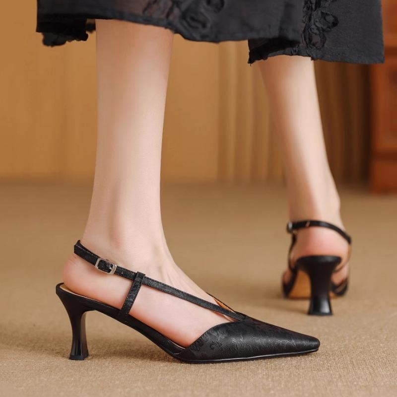 Fashion Pointed High Heels Women's Summer Baotou Shallow Mouth Set Foot Fabric Metal Buckle A Word Belt Wear-resistant High Heels