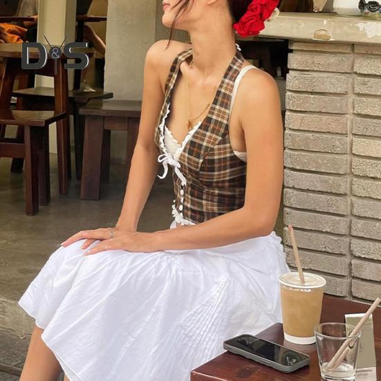 Sexy vesta Halter Šněrovací topy bez rukávů s odhalenými zády a kostkovaným vzorem s krajkovou dekorací Slim Fit Topy ve francouzském stylu