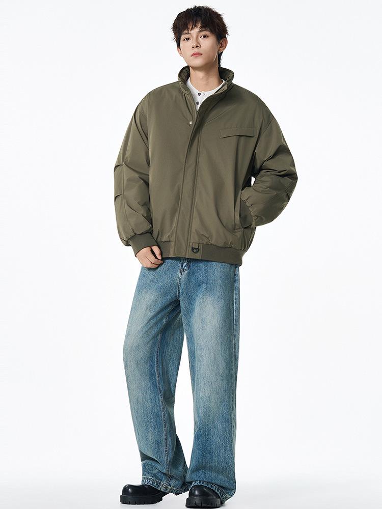 Męska pikowana kurtka robocza w stylu amerykańskim, bawełniana - kołnierz stojący, ciepła, pogrubiona, luźny krój, jednolity kolor, odzież wierzchnia jesień/zima.