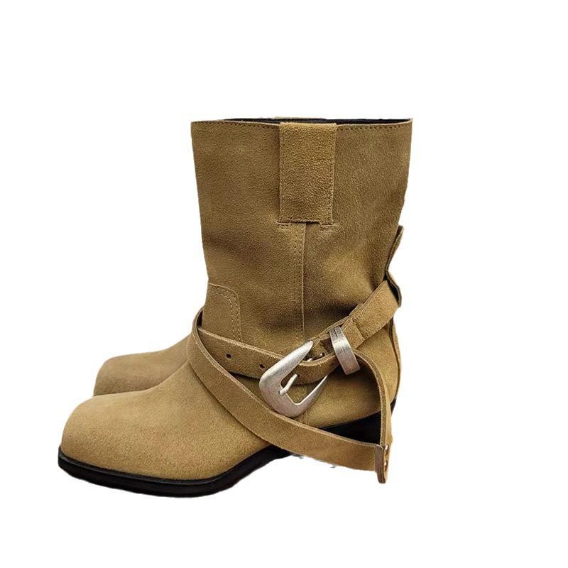 Cowhide Version~ Retro Square Head Suede Belt Buckle Short Boots Women's Wide Tube Medium Boots Thick Heel One Pedal Martin Boots