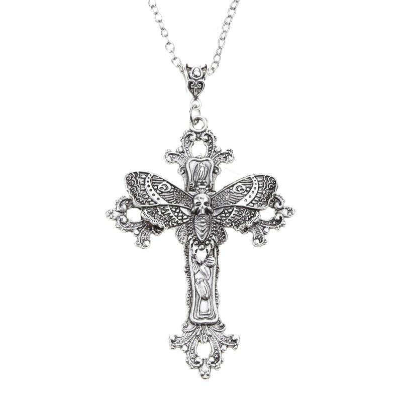 

Готическое ожерелье с черепом, цепочка на ключицу с мотыльком «Мёртвая голова», ювелирное украшение в подарок женщинам, крест, филигранный кулон с цветочным узором, ювелирное украшение