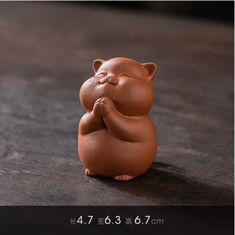 Lucky Bell Cat Tea Pet - Handmade Purple Sand Kitten Statue, Cute Office & Home Decoration, Chinese Style Gift