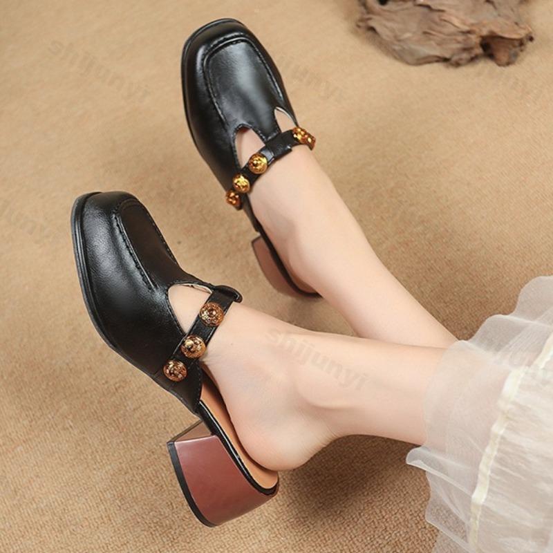 Fashion Retro Hollow Half Slippers Women's Summer 2025 French Style Fashion Comfortable Mary Jane Single Shoes Outdoor Square Head Pumps