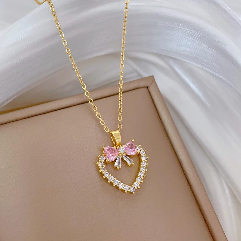 Stainless Steel Chain Sweet Romantic Love Heart Bow Pendant Necklace for Women Girls Lovely Jewelry Accessories Gifts for Lover