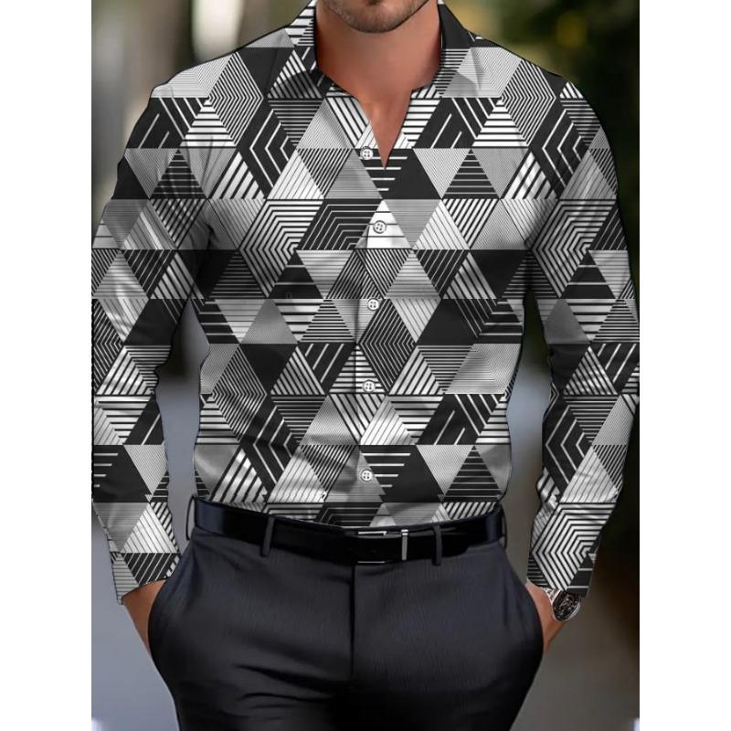 Men's shirt regular lapel shirt men's 3d printing irregular geometric printing casual street long sleeve fashion printed shirt