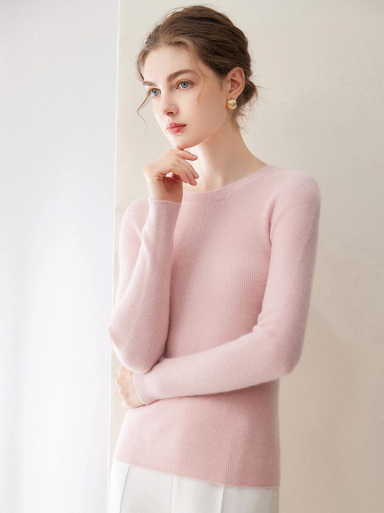 Women's 100% Pure Cashmere Seamless Sweater: Round Neck, Ribbed, Slim Fit, Minimalist Knitted Base Layer
