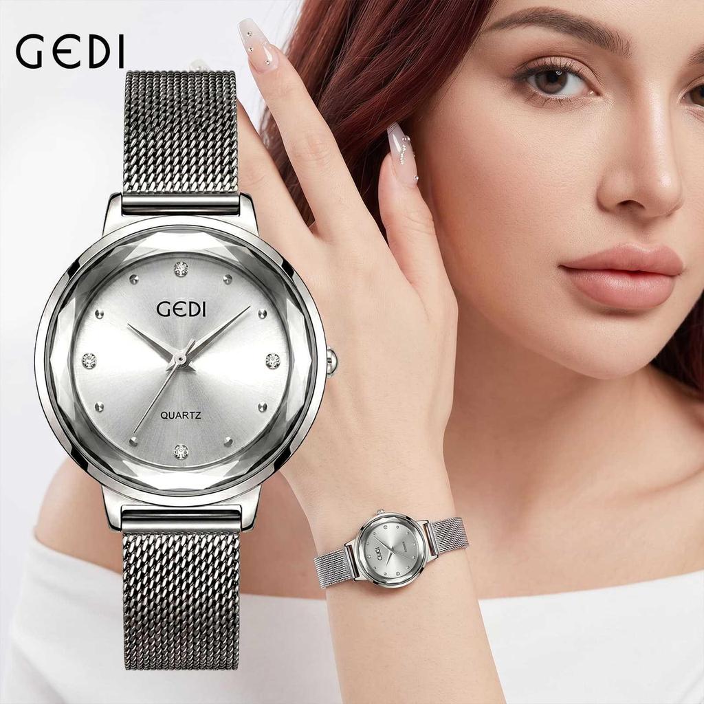 Gedi Elegant Mesh Strap Women's Quartz Watch with Faceted Diamond Markers, Waterproof and Versatile for Everyday Wear.