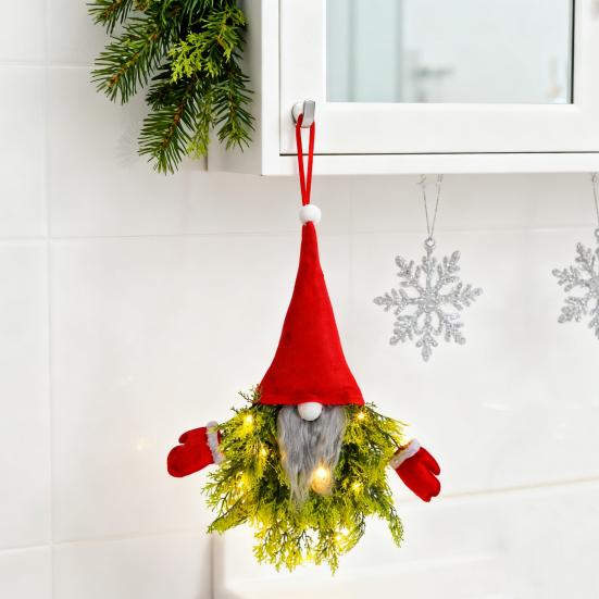 Lighted Gnome Christmas Wreath for Front Door Artificial Pine Spruce Hanging Sign Swedish Tomte Holiday Decor for Indoor Outdoor Porch Window Wall