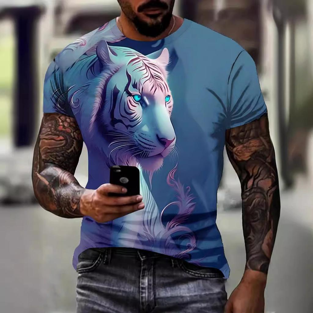 Summer Round Neck 3D Tiger Pattern Print Top Fashionable Casual Short Sleeved Men's T-shirts