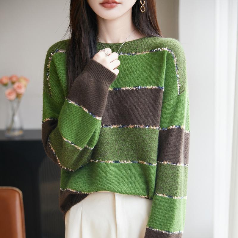 

Вязаный свитер с круглым вырезом, с длинными рукавами, женский, с цветовыми блоками, с бахромой, базовый топ, новый осенне-зимний стиль, непринужденный стиль L зелёный