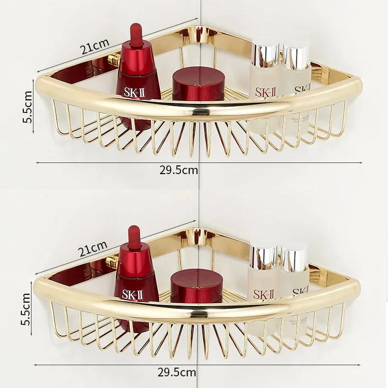 Copper gold bathroom shower room wall corner basket non perforated bathroom rack triangular storage rack for bathroom shelves
