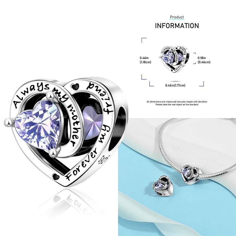 Copper 12 Months Birthstone Heart-Shaped Beads Charms Fit Original Bracelet Charm Beads Necklace Diy Female Jewelry