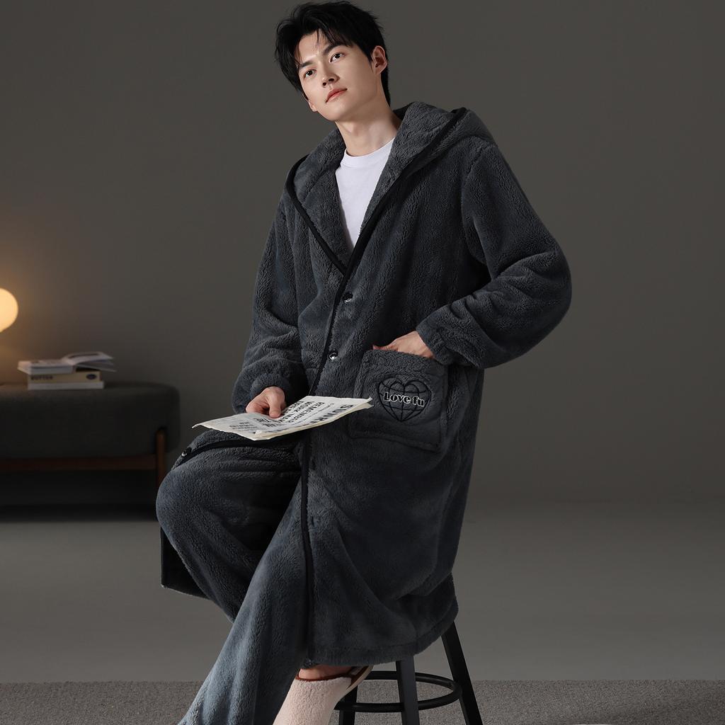 Nightgown Men's Autumn and Winter Coral Fleece Suit Pajamas Winter Hooded Thickened Fleece Flannel Loungewear Warm