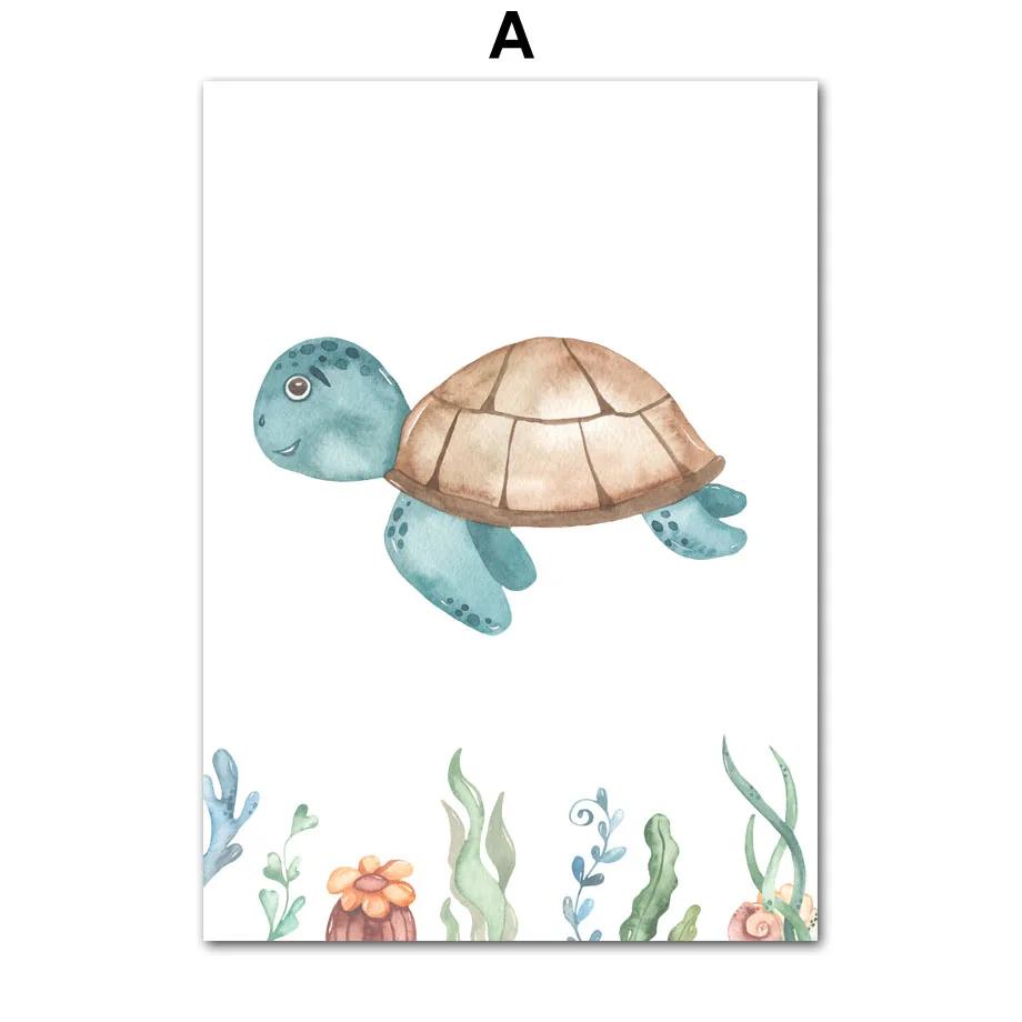 

Краб Медуза Осьминог Ракушка Рыба Черепаха Животные Настенное Искусство Детские Плакаты И Принты Для Детской Комнаты Детский Декор Картина На Холсте 21x30cm No Framed