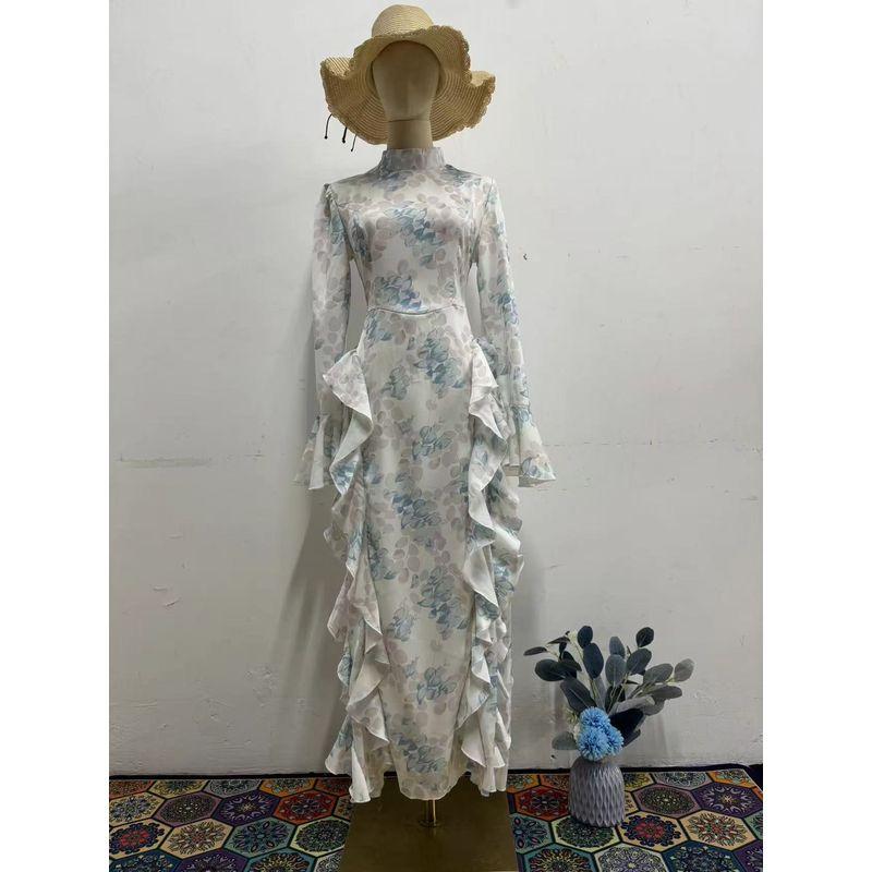 

European and American Temperament Dress Bell Sleeve Waist Hugging Lace-up Long dress Printed Satin Lace up Dress Picture Color S