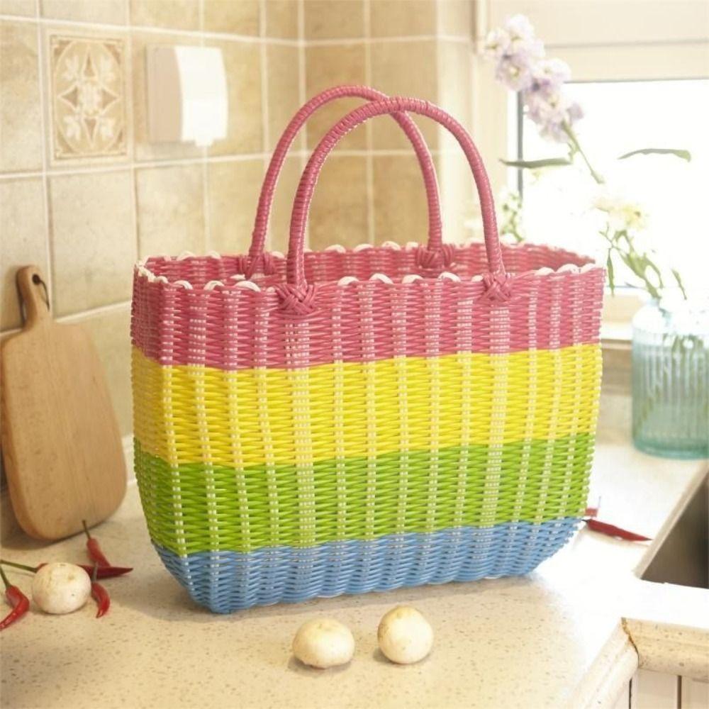 Woven Handheld Vegetable Basket High-End Bath Basket Fashion Plastic Woven Basket  Vegetable Market
