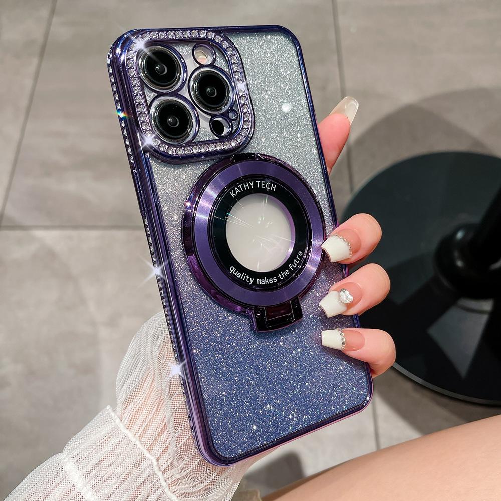 iPhone 17 Pro Max Electroplated Rhinestone Magnetic Bracket Glitter TPU Case