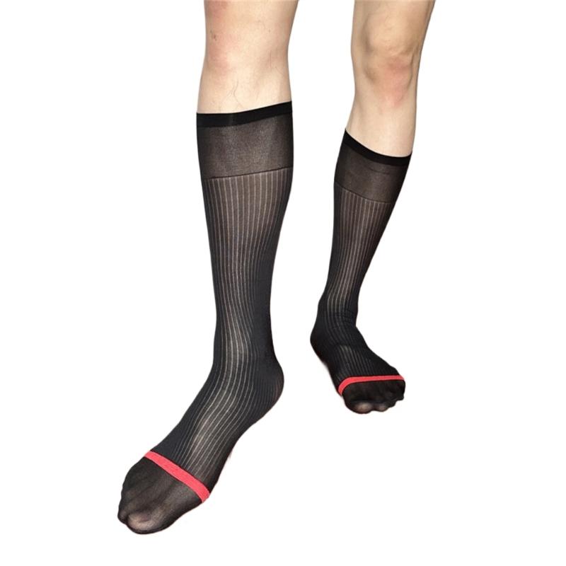 Mens Nylon Sheer Suit Socks Business Dress Socks Contrast Color Striped See Through Formal Dress Over the Calf Stockings