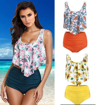 Maiô feminino sexy sem costas estampado cintura alta estampa floral conjunto de duas peças maiô