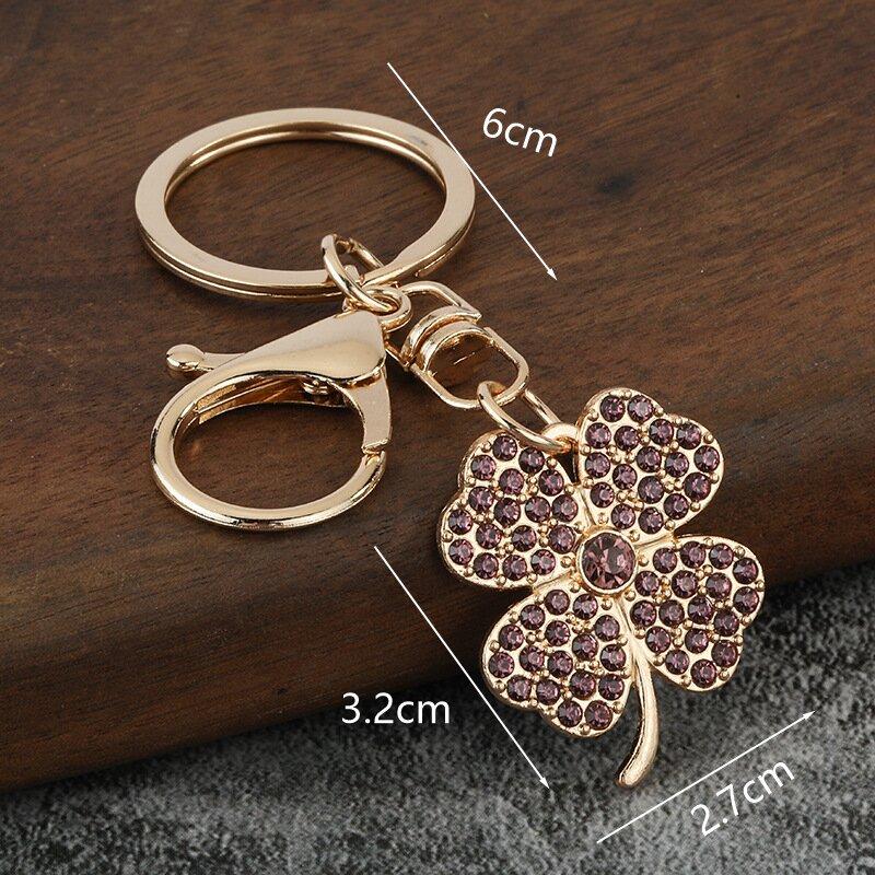 Trendy Exquisite Rhinestone Four-Leaf Clover Keychain Lucky Luxury Metal Keyring For Women Bag Charms Key Holder Pendant