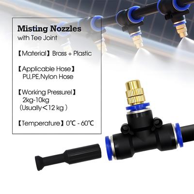 Brass Misting Nozzle with Tee Adapter Adjustable Atomizer Sprayer Outdoor Garden Irrigation Watering 6/8/10/12/14/16mm PE Tubing