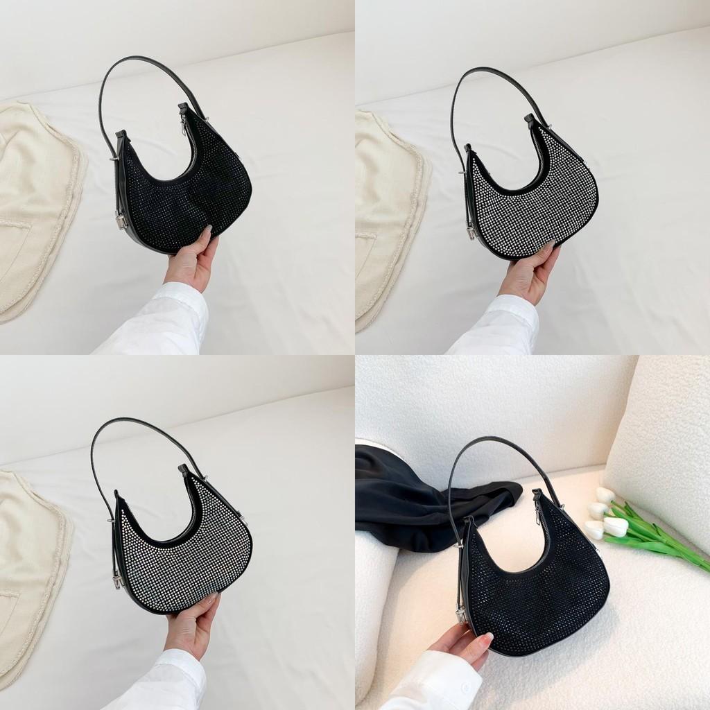 Stylish Street Fashion Pu Hobo Bag For Women 2023 Crescent Handbag Black Silver Colorful