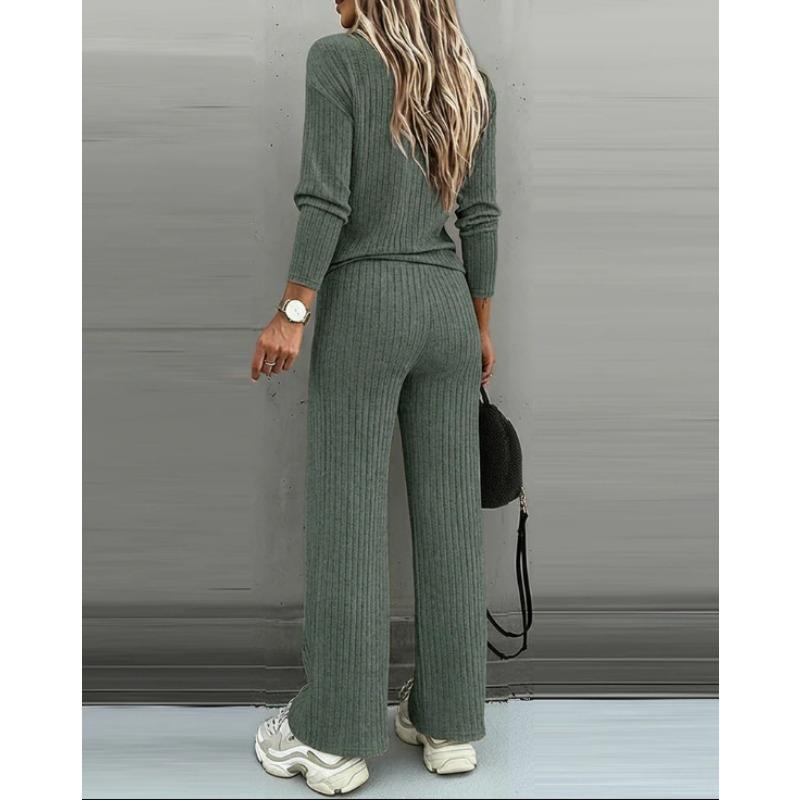 Women Casual Loose Long Sleeve V Neck Knit Two Piece Top Wide Leg Pants Set Autumn Winter