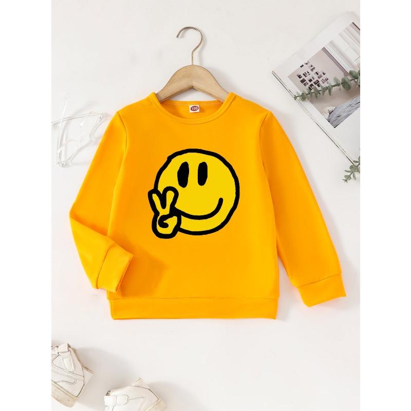 European Size Boys' Kids Sweatshirt - Fashion Style "Victory Hand and Joyful Face" Print - Suitable for Spring and Autumn Seasons, Outdoor Casual Wear