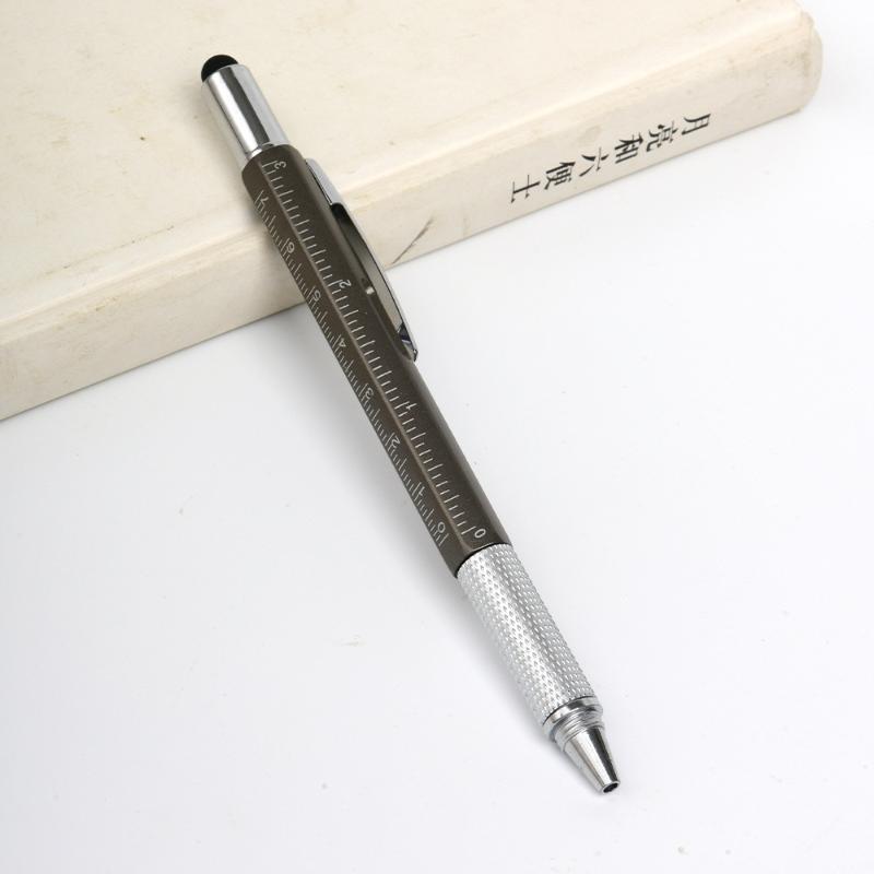 6 In 1 Multifunctional Metal Ballpoint Pen with Stylus Ruler Level Screwdriver for Woodworking Repair Jobs