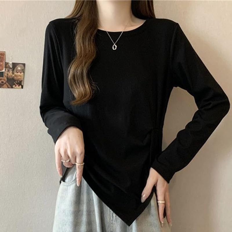 [ODFMCE] t-shirt ladies long sleeve spring cotton Plain color Fashionable Beautiful Relaxing big size is (JP, alphabet, L, black)